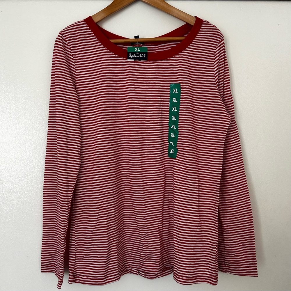 NEW Splendid Womens Top Red White Mini Stripe Button Back Shirt Long Sleeve XL
